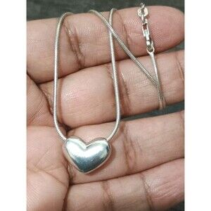 Puffy Heart Sterling Silver 925 Slider Pendant On Vintage Sterling Chain